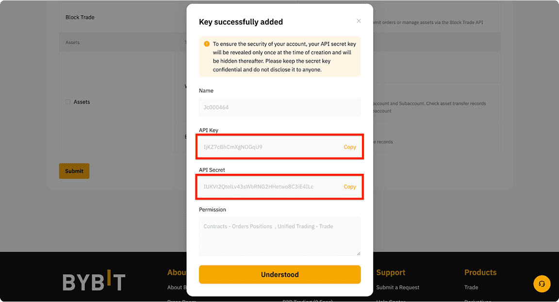Bybit API key generation success screen showing API Key and Secret Key fields