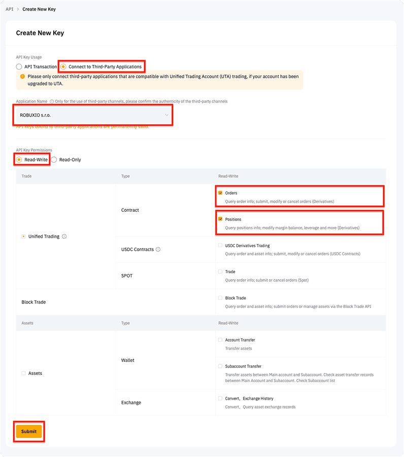 Bybit API key configuration form with trading permissions checkboxes