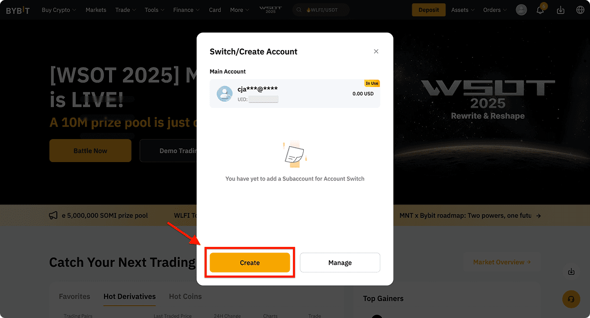 Bybit sub account creation dialog with Create button highlighted