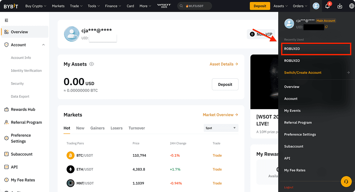 Bybit account switcher showing list of sub accounts to select from
