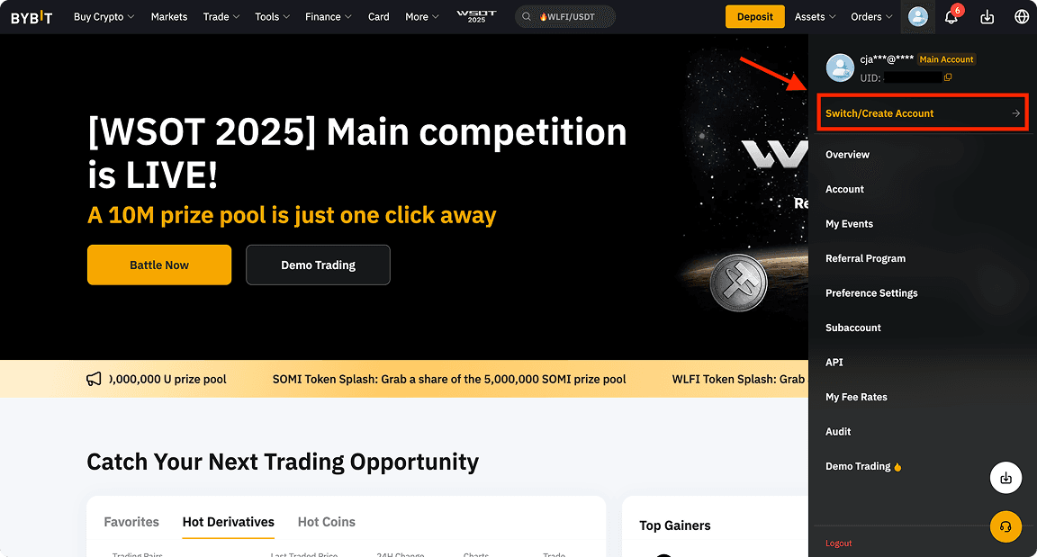 Bybit dashboard showing the Switch/Create Account menu option in the top navigation bar