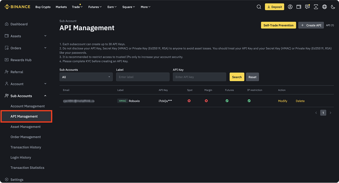 Binance account menu showing API Management navigation option