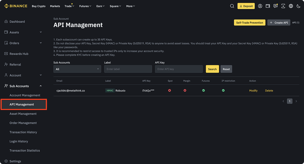 Binance account menu showing API Management navigation option for Non-EU users