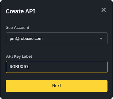 Binance API key configuration form with sub account selector and key name input