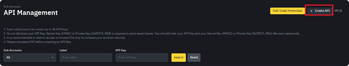 Binance API Management page with Create API button highlighted