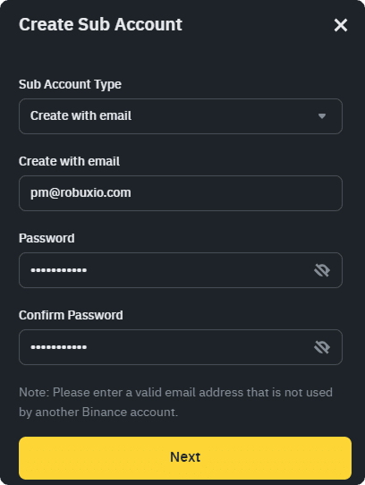 Binance Create Sub Account form with email input field and verification options