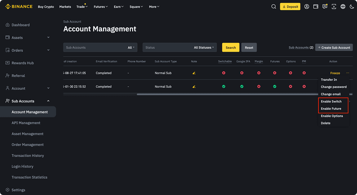 Binance sub account settings showing Enable Futures and Enable Switch toggles