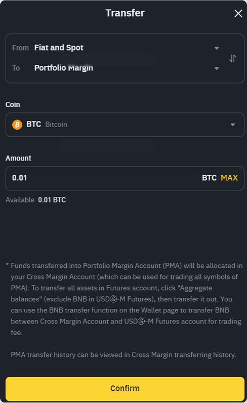 Binance internal transfer showing BTC/ETH transfer from Spot wallet to Portfolio Margin