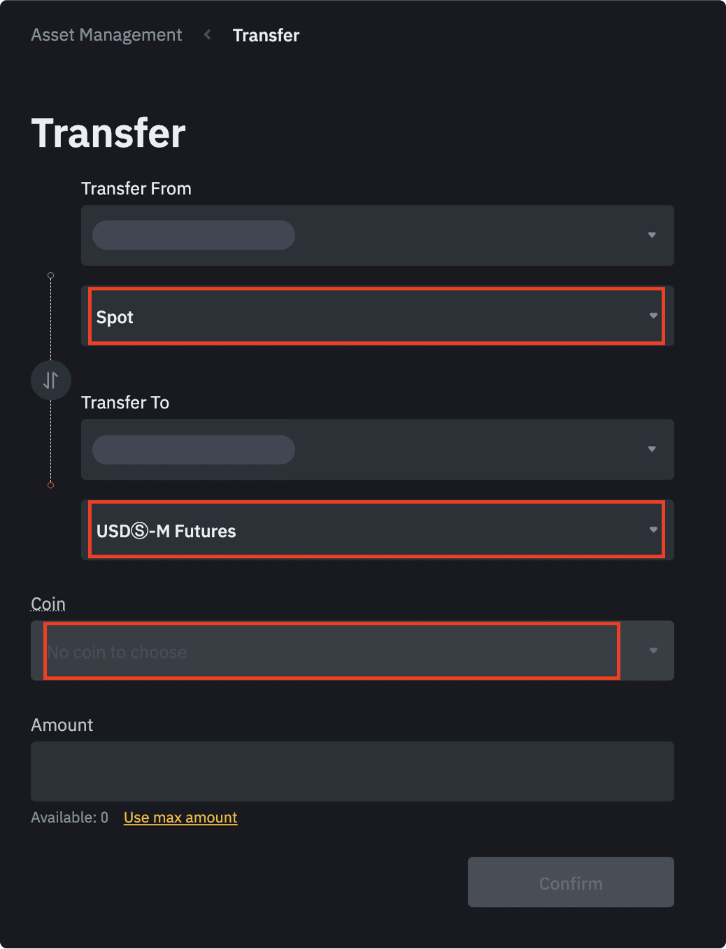 Binance internal transfer form showing USDT/USDC transfer from Main Account to Sub Account