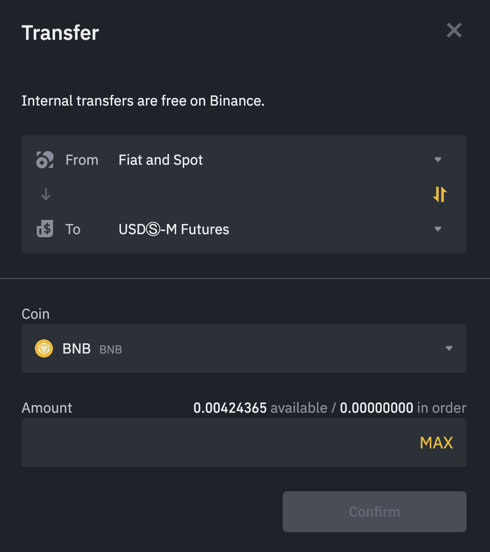 Binance transfer dialog showing token selection dropdown with BTC, ETH, BNB, USDC options